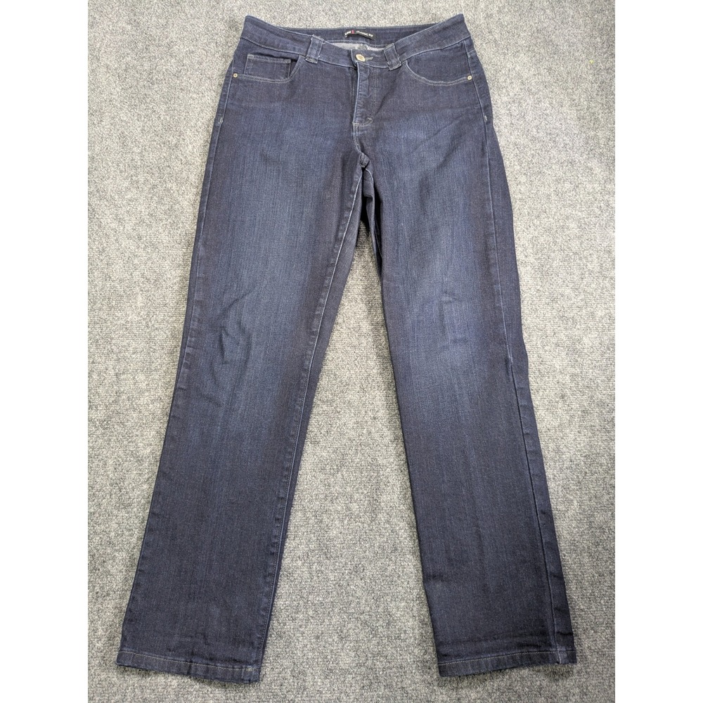 Lee Classic Fit Straight Leg Jeans Womens 10 Medium Dark Wash Embroidered Flap